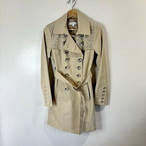 Y2K New York & Company Trench Coat S Tan Rock Glam Vegas Rhinestones Western